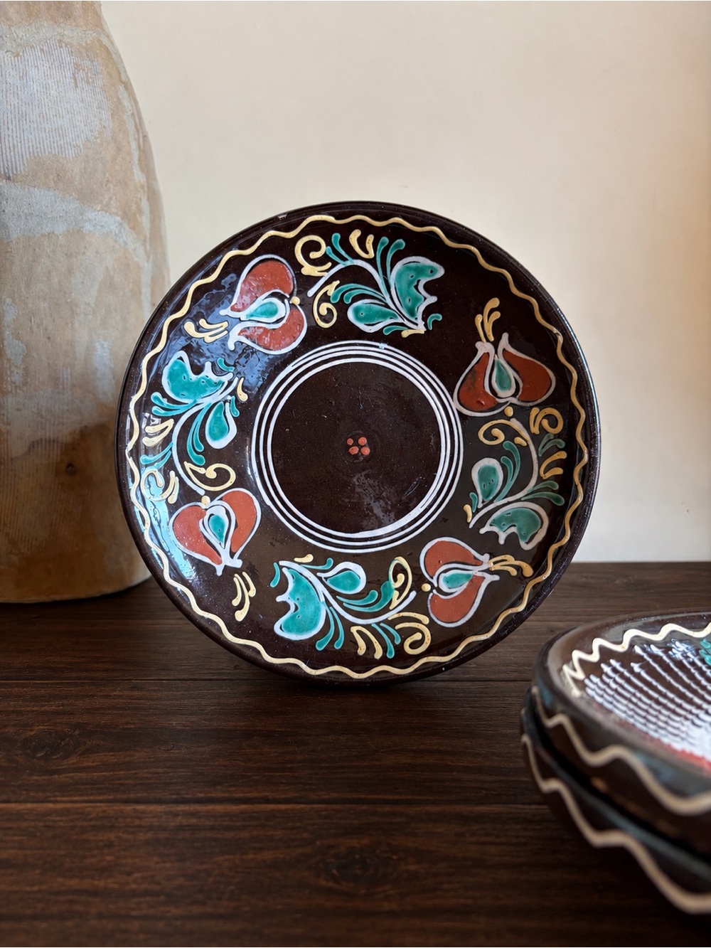 Set of 3 Vintage Hungarian Folk Art Pottery Plates Hand Painted 8”